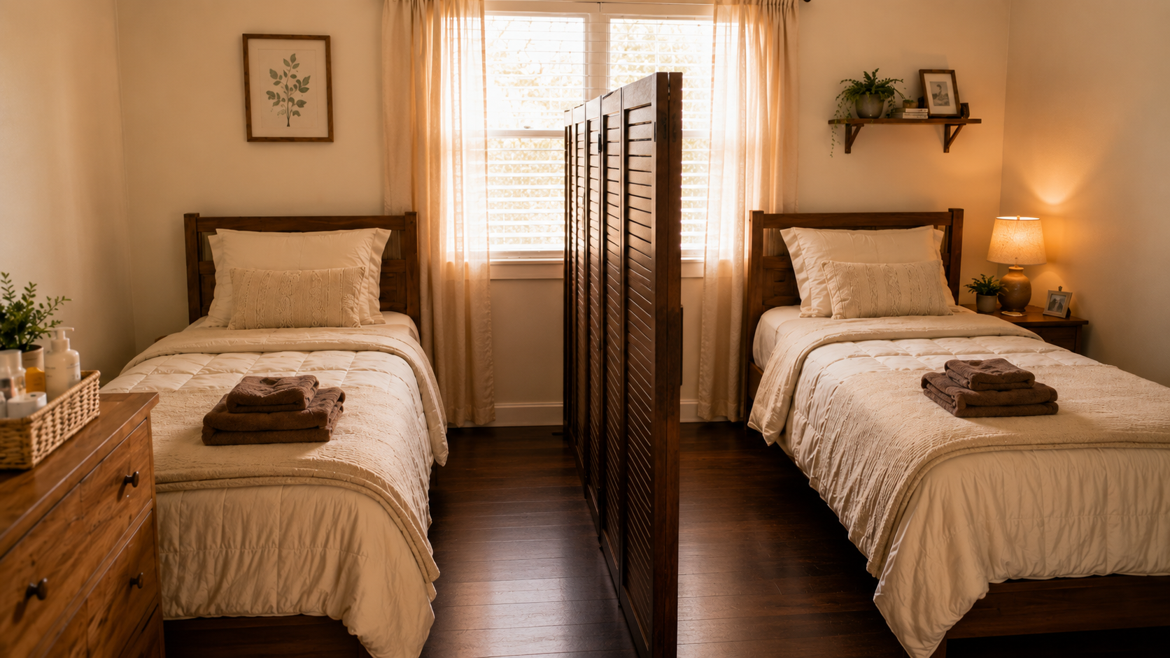 A warm, welcoming DALS shared bedroom with two twin beds and soft natural light